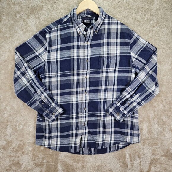 VTG Chaps Brushed Flannel Shirt Blue/Gray Button-Down Plaid Shirt Men's Size L - Picture 1 of 10